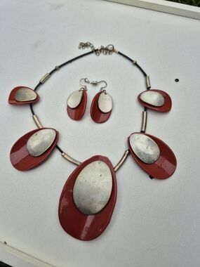 3 For $15 Red Oval Statement Necklace & Earrings Set - Unbranded